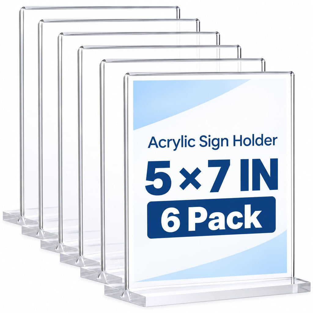 6 Pack Acrylic Sign Holder 5 x 7 Inch, Vertical Display Sign Stand