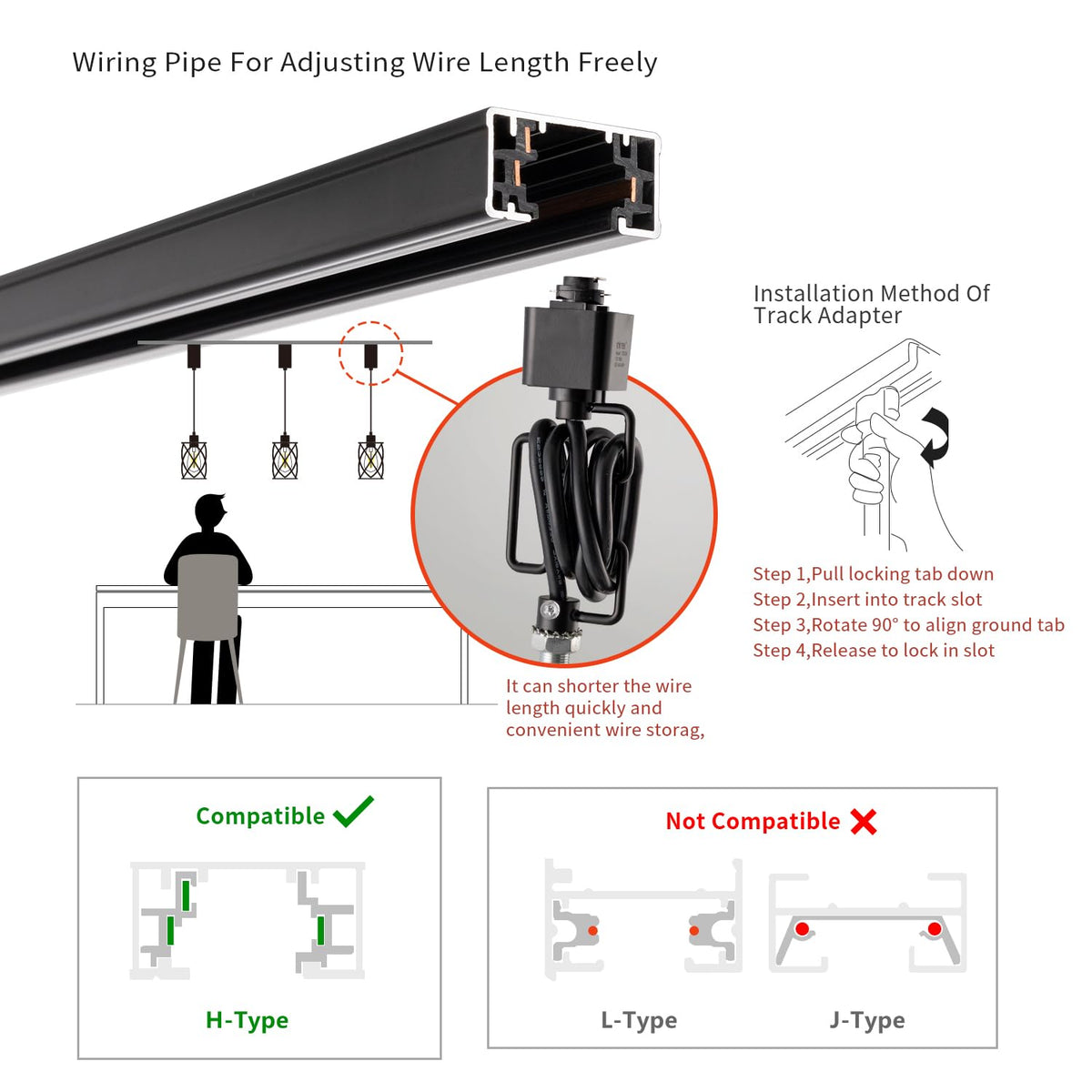 H-Type Black Track Lighting Pendant with Dotted Cage Clear Glass, Adjustable Hanging Light, E26 Socket, Pack of 3