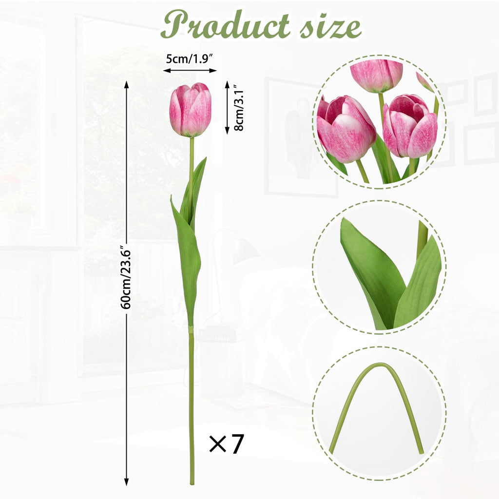 Artificial Tulips - 24" Long Stem Faux Tulips, 7PCS Real Touch Fake Pink Tulip for Vase, Farmhouse, Kitchen, Spring &