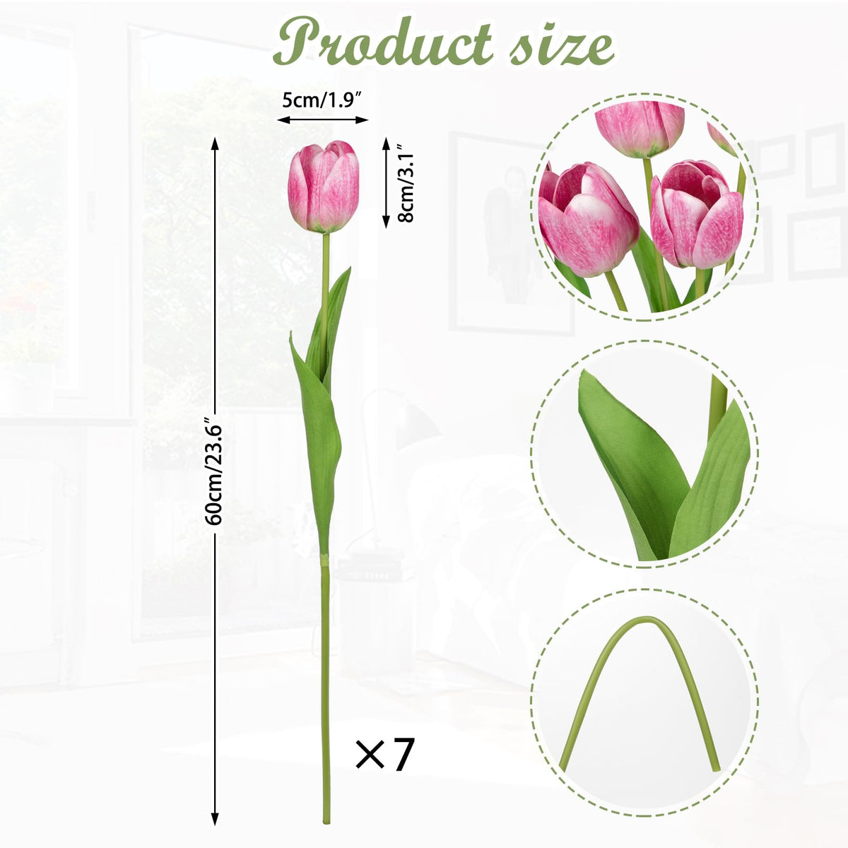 Artificial Tulips - 24" Long Stem Faux Tulips, 7PCS Real Touch Fake Pink Tulip for Vase, Farmhouse, Kitchen, Spring &
