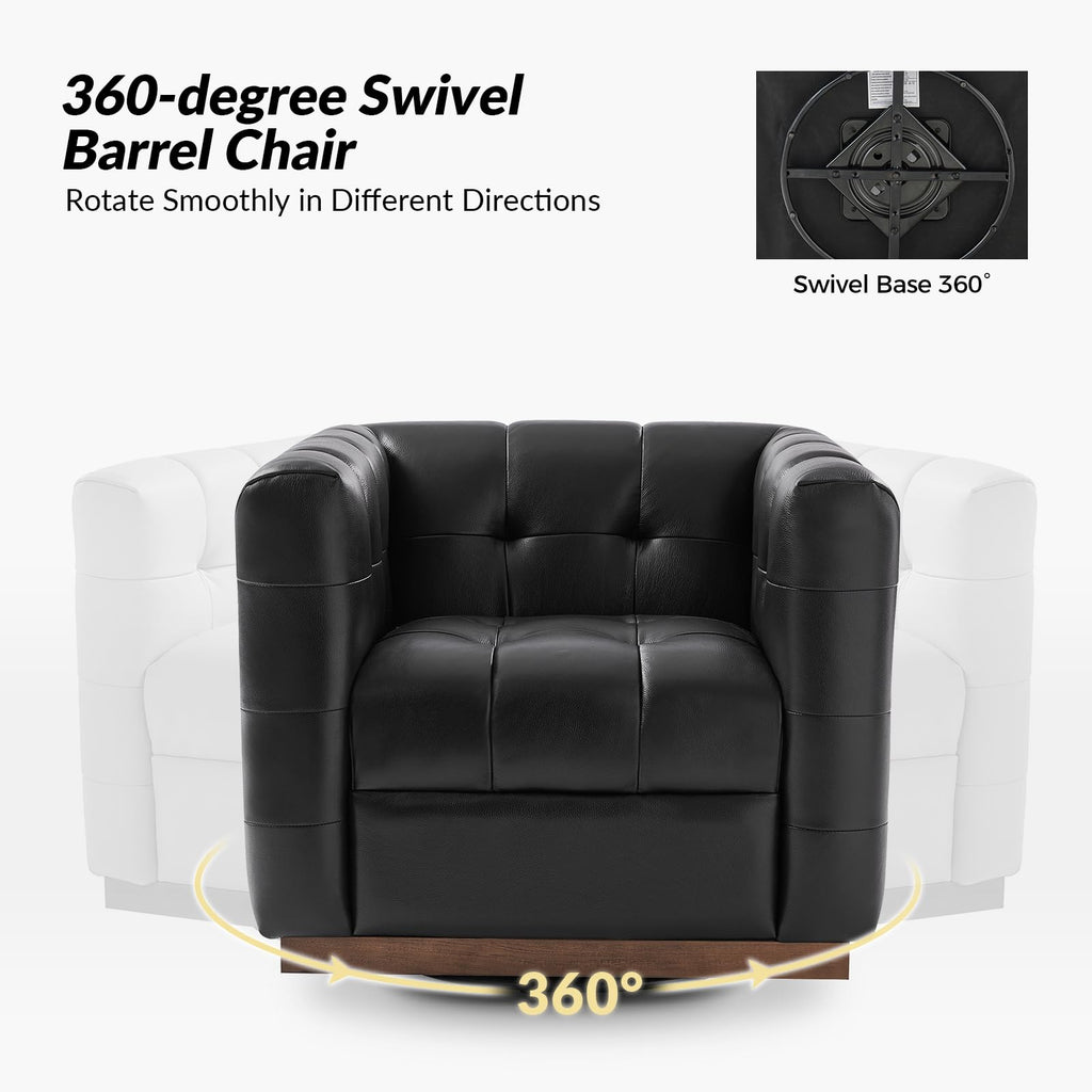 Genuine Leather Swivel Accent Chair with Wooden Base, Mid Century Modern Square Accent Chair Bedroom Club, Black