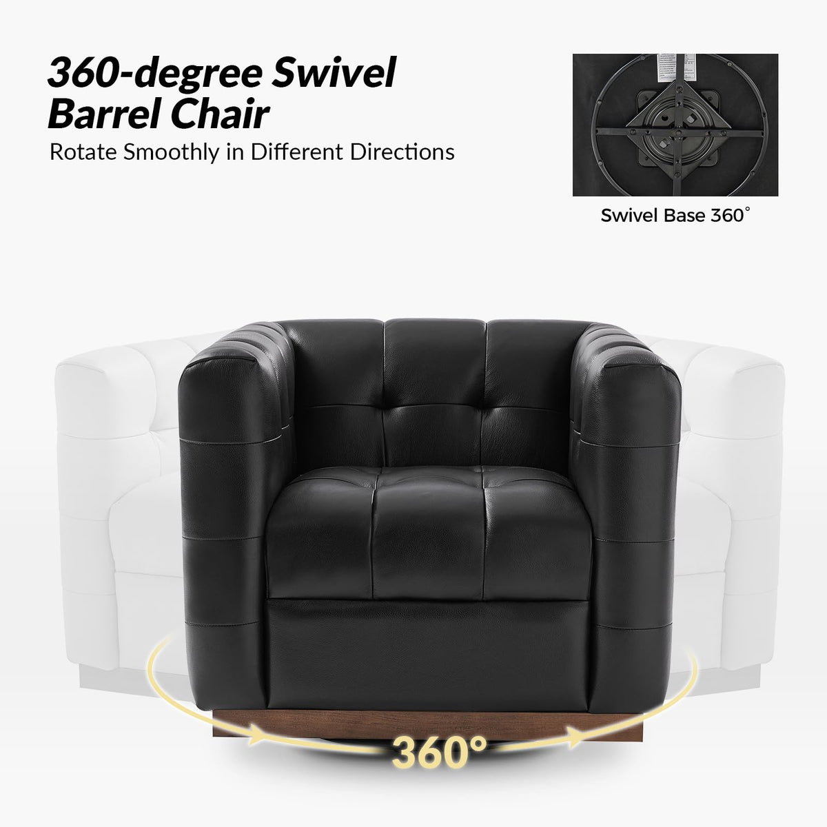 Genuine Leather Swivel Accent Chair with Wooden Base, Mid Century Modern Square Accent Chair Bedroom Club, Black