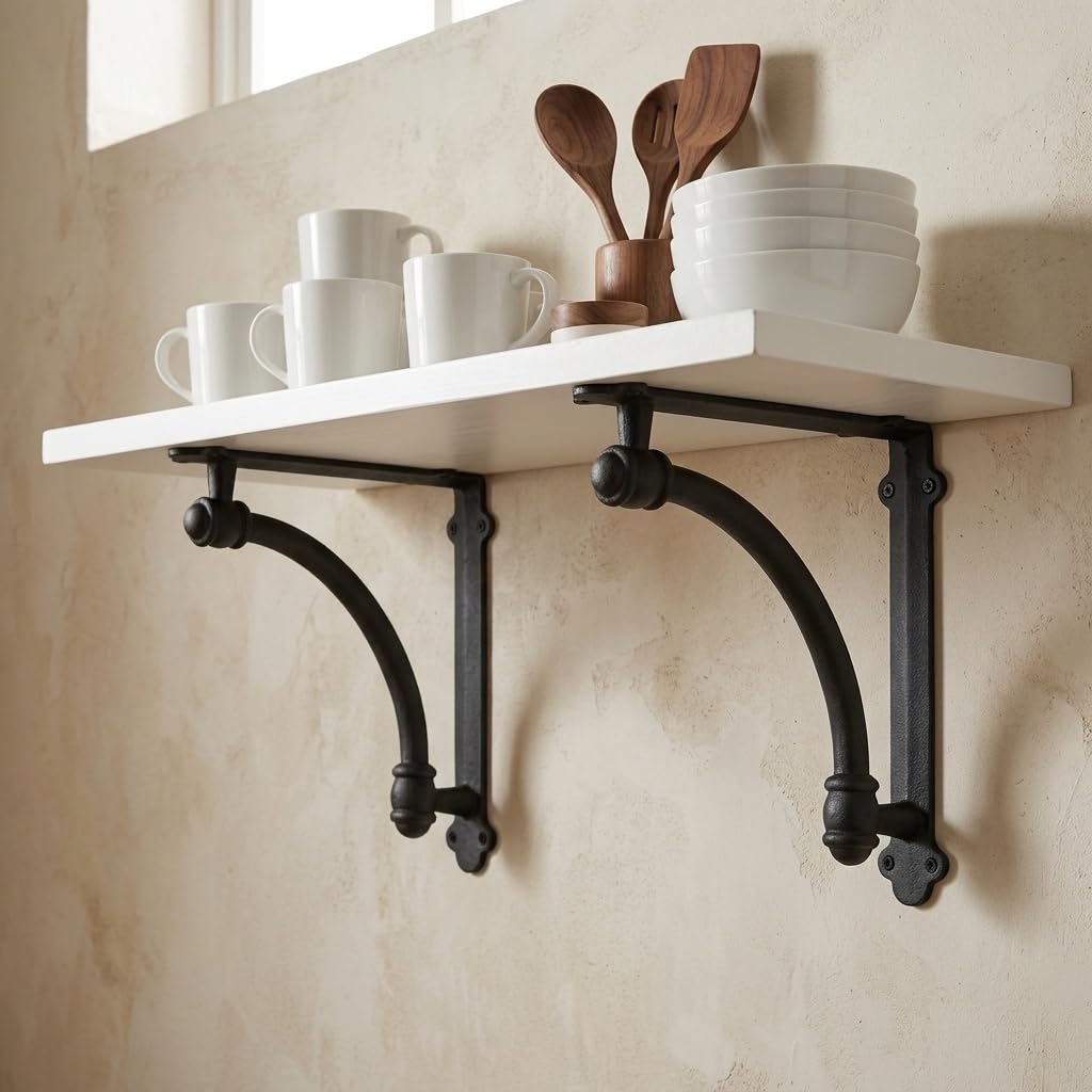 Decorative Shelf Brackets, 2 Pack of 9.6 x 1.7 x 9.6 inch Black Cast Iron Shelf Brackets - Decorative Brackets for