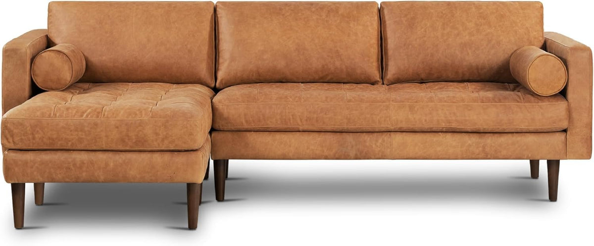 Napa 104.5" Left-Facing Sectional Sofa - Cognac Tan Full-Grain Pure-Aniline Italian Leather, Feather-Down Cushions