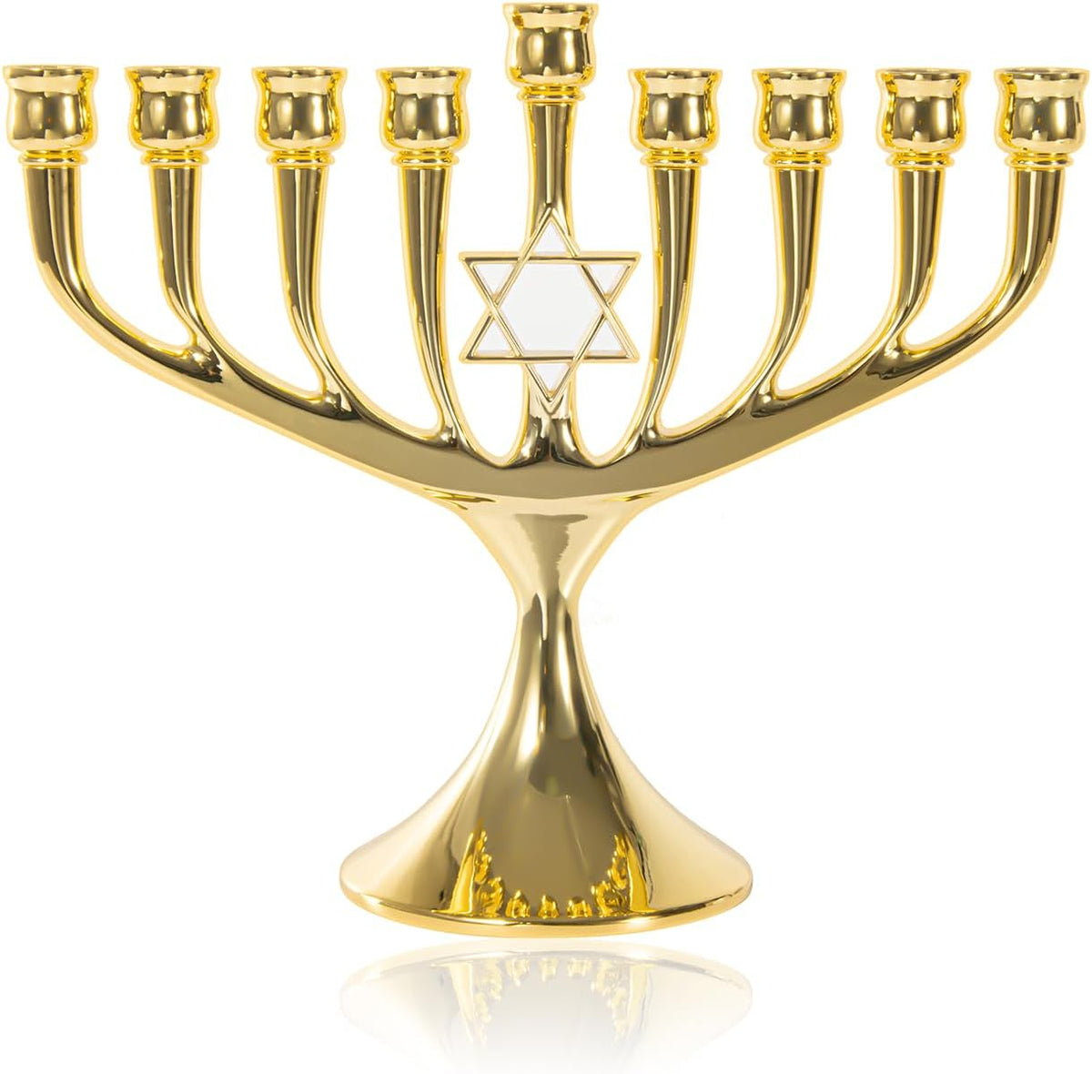 Hanukkah Upgrade Cups with Built-in Pins, Star of David Candle Holders 9 Branches Gold Plated Candlesticks Jewish