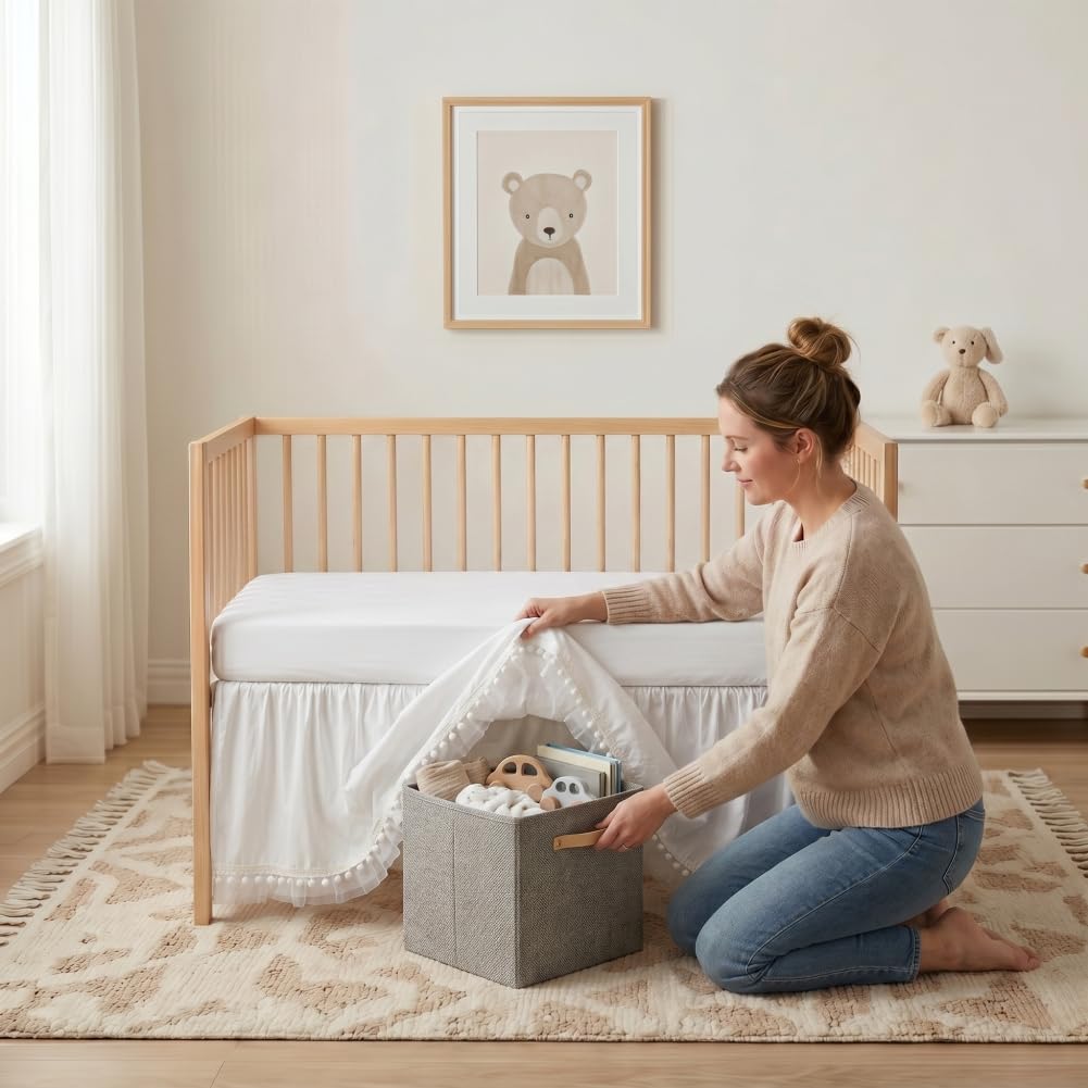 Baby Crib Skirt with Pompoms Pleated Dust Ruffle for Unisex Baby Boys or Girls Soft Breathable Nursery Crib Toddler