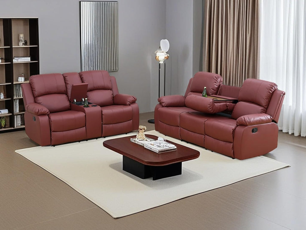 2PCS Manual Recliner Sofa Set Living Room Furniture Sets Bonded Leather Reclining Couch Set Modern Sofa and Loveseat