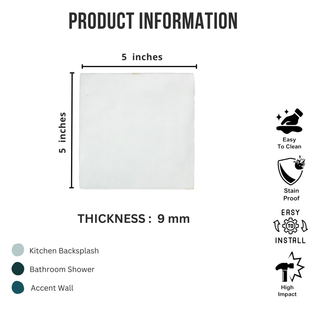 5x5 Glossy White Zellige Look Ceramic Wall Tile - Handmade Style Square Field Tile (4 Pieces)