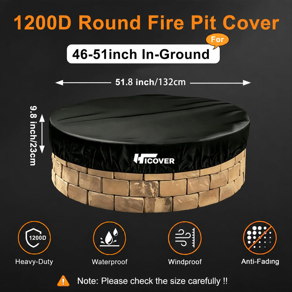 Heavy Duty 1200D Round Fire Pit Cover for In-Ground Fire Pits, 46-51 Inch