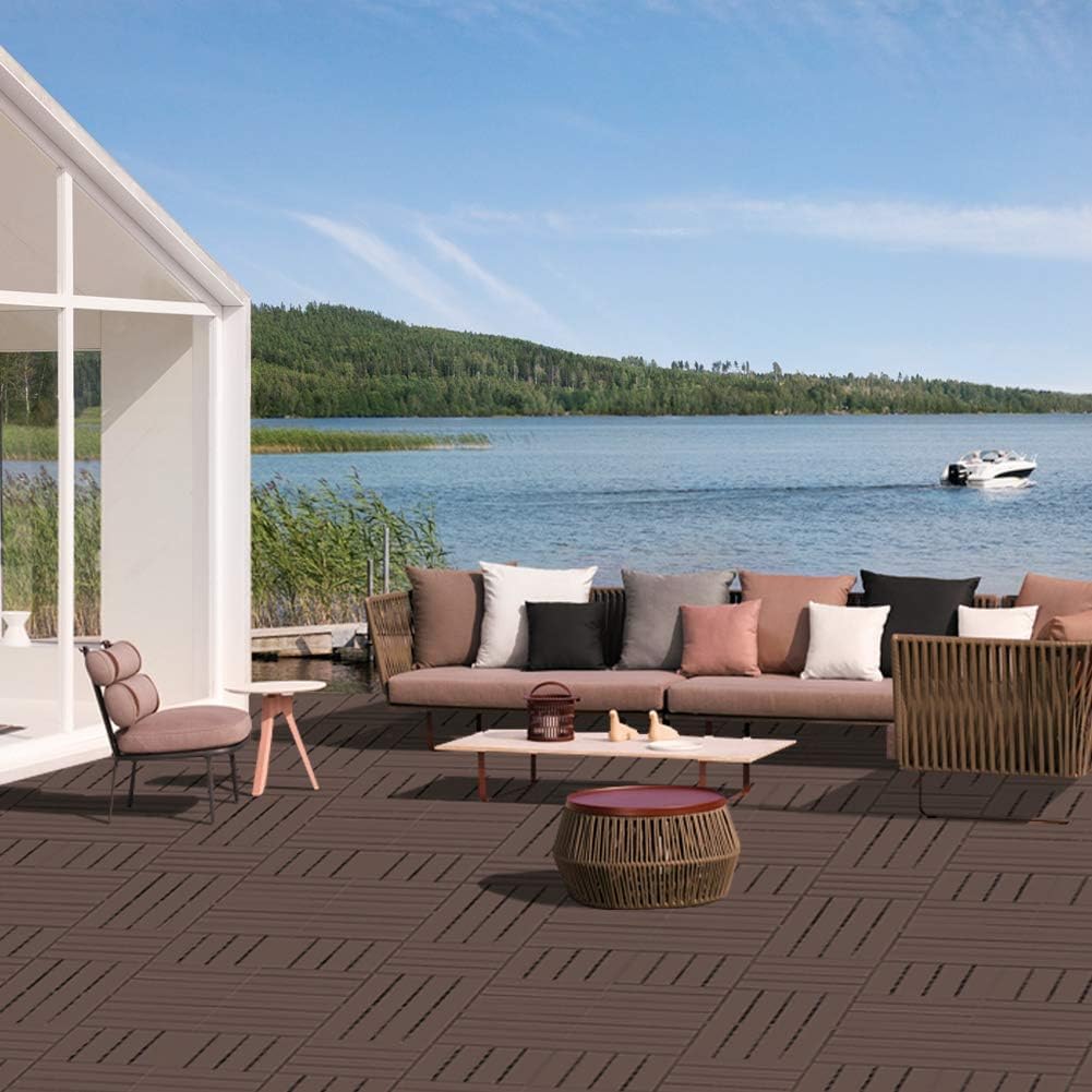 Patio Deck Tiles, 12 x 12 inches Composite Interlocking Decking Tile, Four Slat Plastic Outdoor Flooring, 44 Pieces