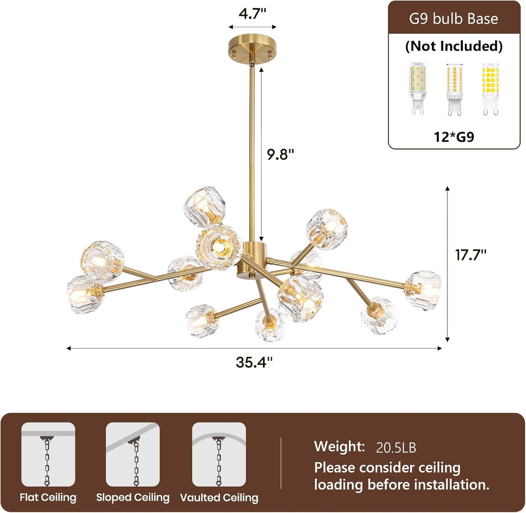 35.4" 12-Light Gold Modern Crystal Chandelier