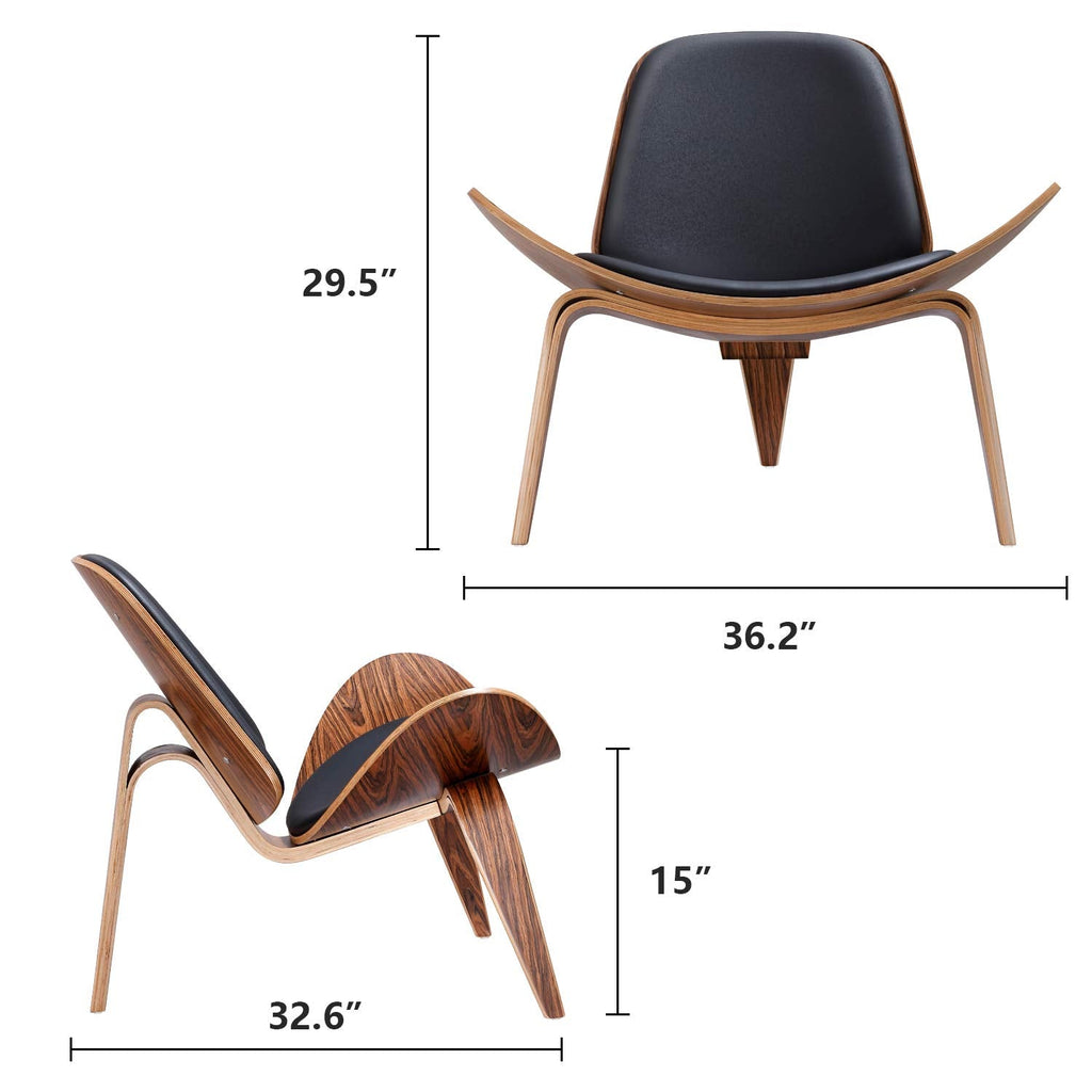 Inspired Eames Style Mid Century Modern Shell Lounge Chair, PU Leather, Tripod Plywood Solid Wood Accent Chairs, Reading