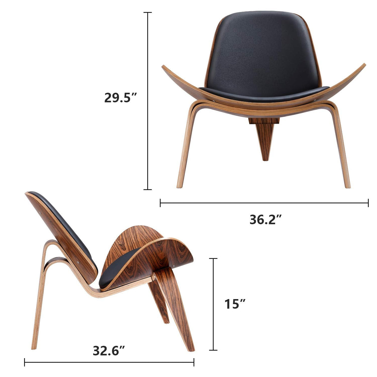 Inspired Eames Style Mid Century Modern Shell Lounge Chair, PU Leather, Tripod Plywood Solid Wood Accent Chairs, Reading