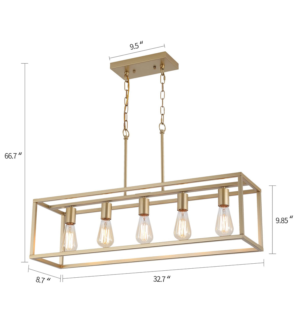 Gold Rectangle Kitchen Island Lights Rectangular Modern Industrial Chandelier 5 Lights Linear Vintage Cage Light