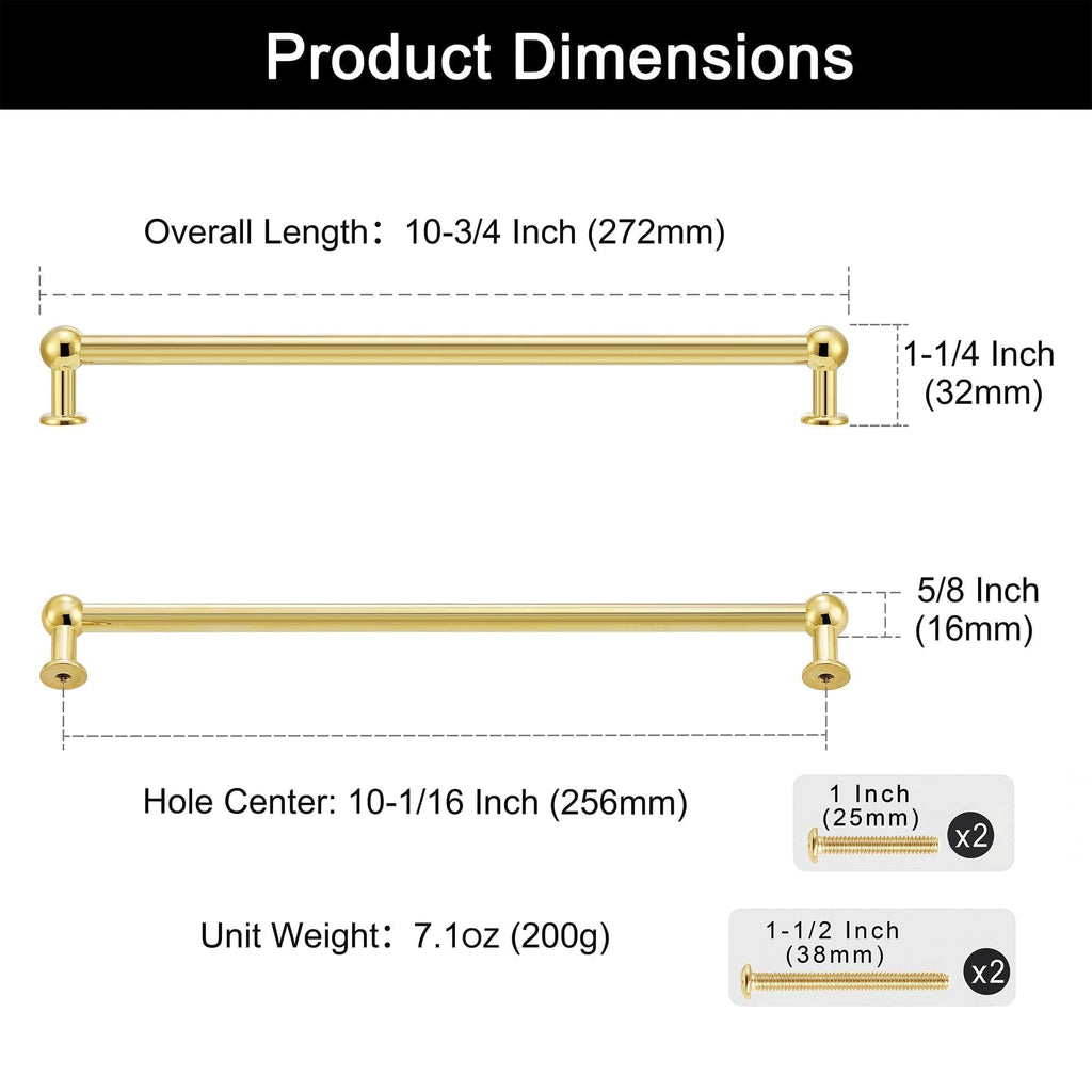 2-Pack Long Unlacquered Brass Cabinet Pulls,10-1/16" Hole Center