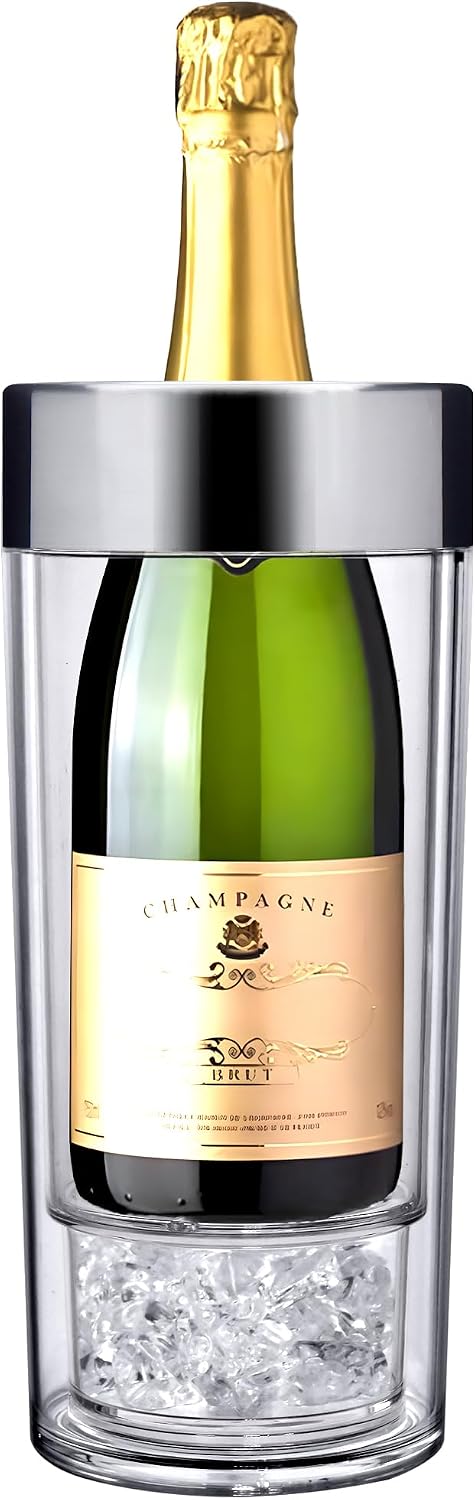 VinoChill - Acrylic Double-Wall Wine Chiller with Ice Chamber, Clear Plastic Insulated Champagne Bucket with Enhanced