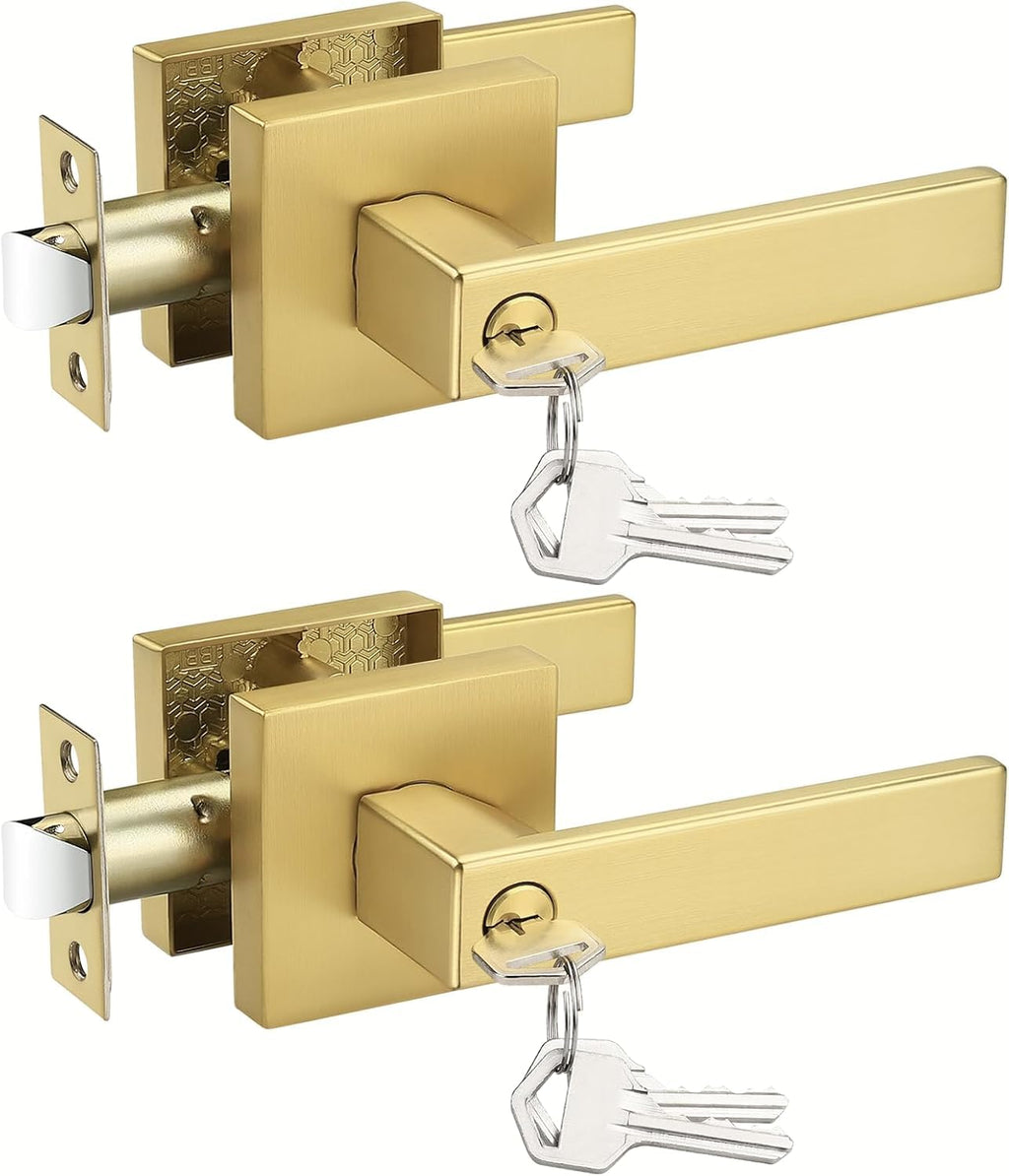 Keyed Alike Entry Door Handle Gold Door Handles Heavy Duty Entrance Door Lock Reversible Square Door Lever or Front