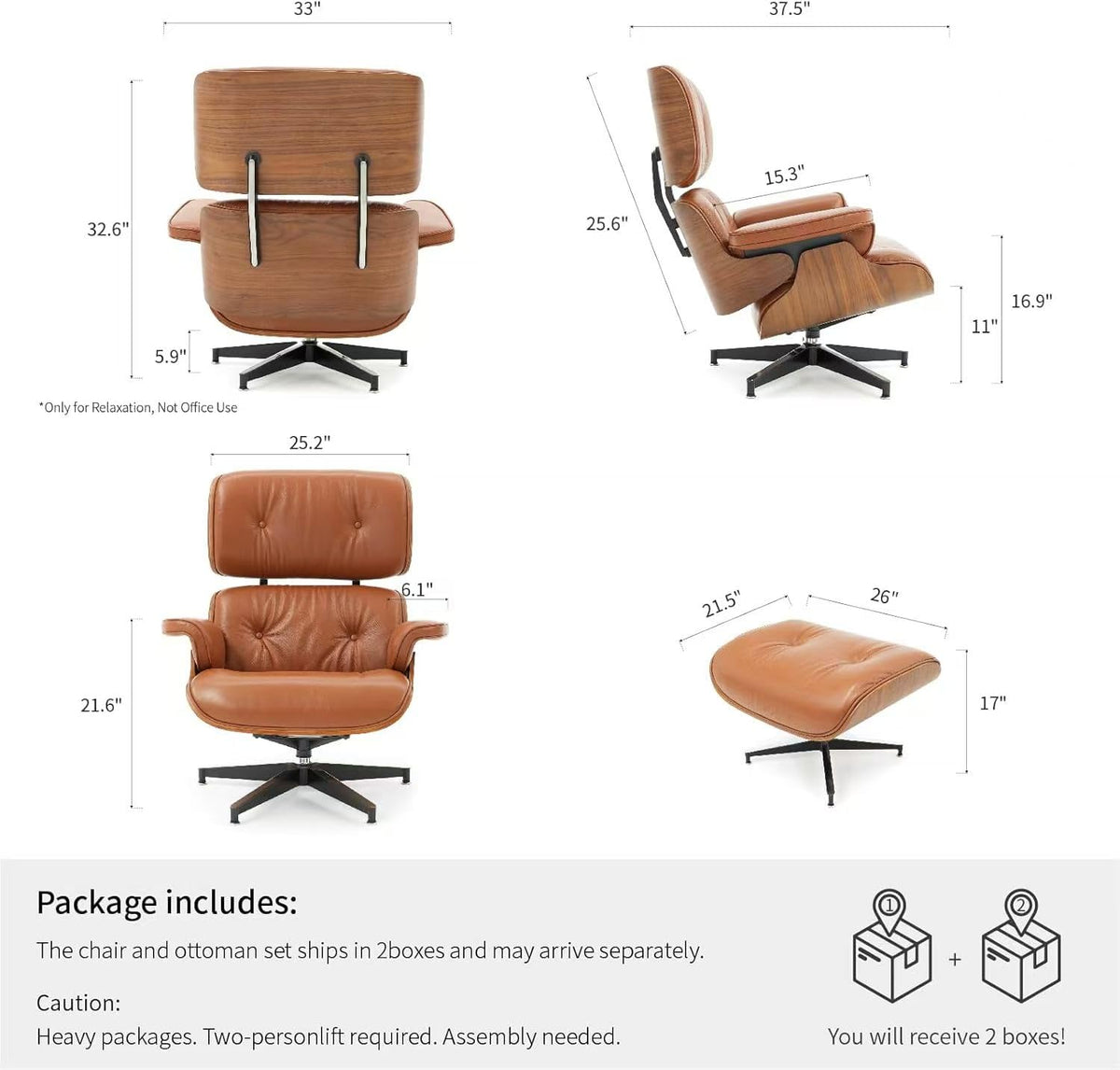 Inspired Eames Style Top Black Grain Leather Mid Century Chaise Lounge Chair and Ottoman, Reading Chair, Leather Accent Chair, Modern