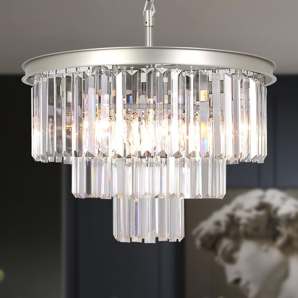 Nickel 3-Tier Crystal Chandelier, Traditional Layered Fixture for Dining Rooms