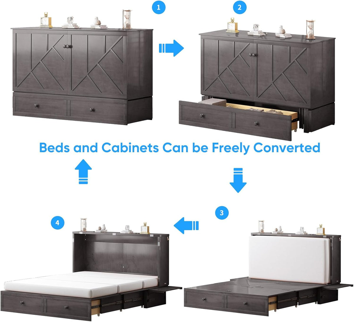 Murphy Bed Queen with Mattress Included, Hideaway Wallbed Cabinet Bed with 2 Storage Drawers, USB Charging Ports & Headboard, Space-Saving Chest Beds for Home, Guest Room, Gray