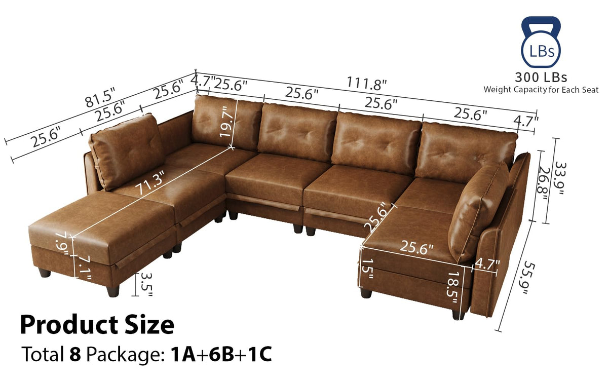 Brown Leather Modular Sofa Sectional Couch with Storage