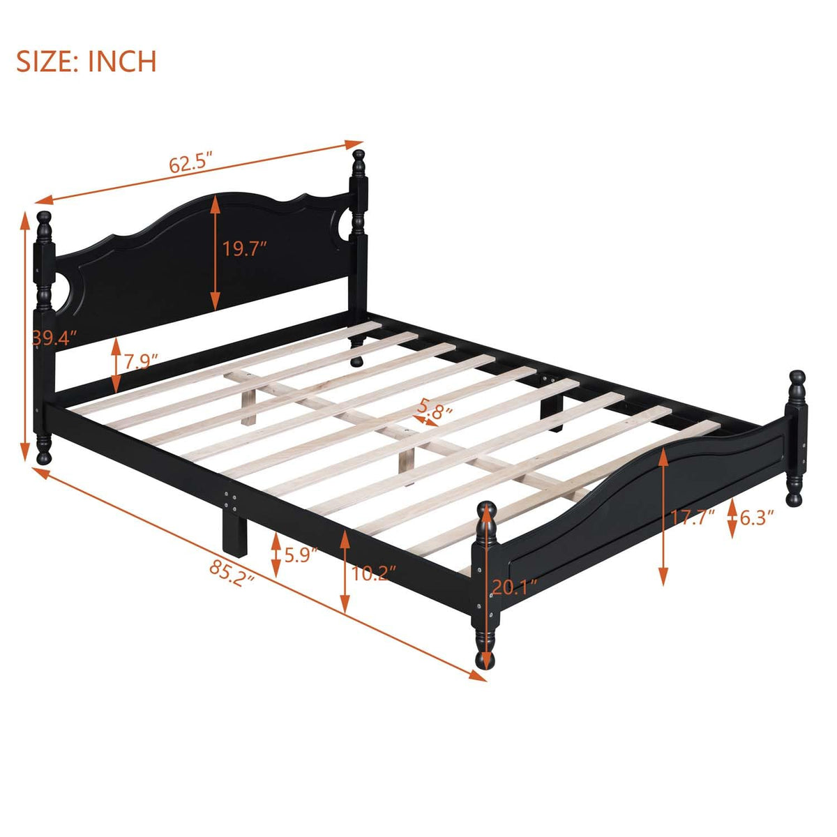 Vintage Wooden Platform Bed Frame with Spindle Headboard (Black)