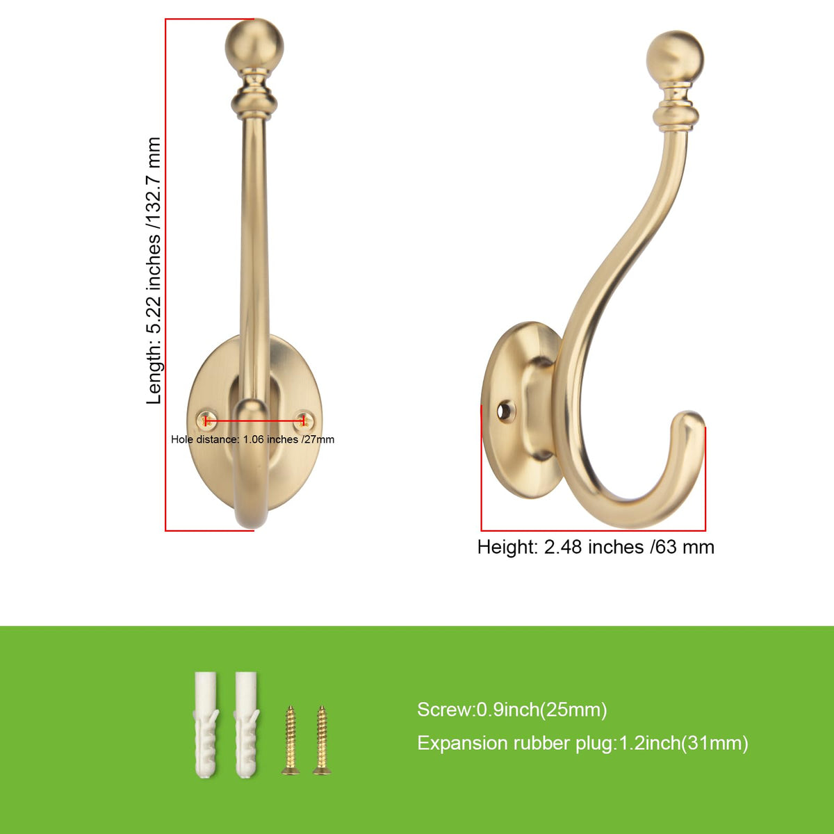 3 Pack Coat Rack Hooks-Champagne Bronze Towel Hook Entryway Hanging Towels Clothes Robes Double-Prong Farmhouse