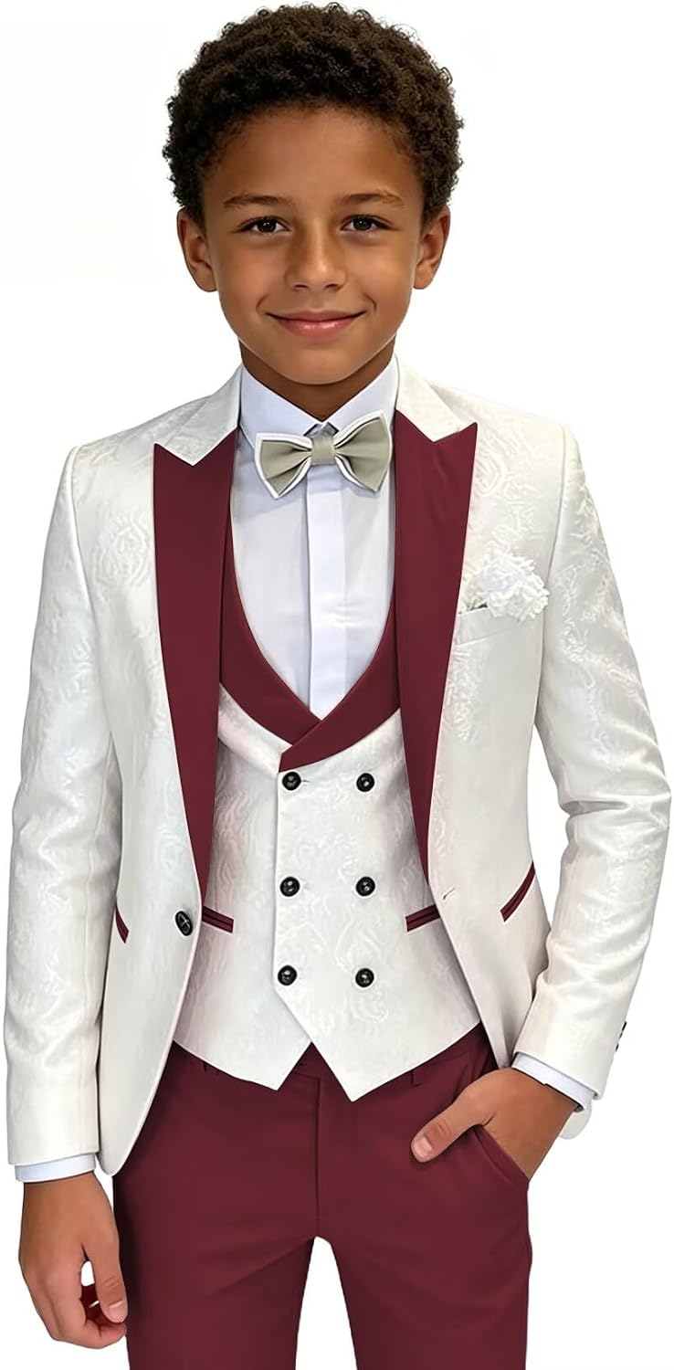 Boys Tuxedo Suit Slim Fit Jacquard Dress Suits for Kids 4 Piece Set