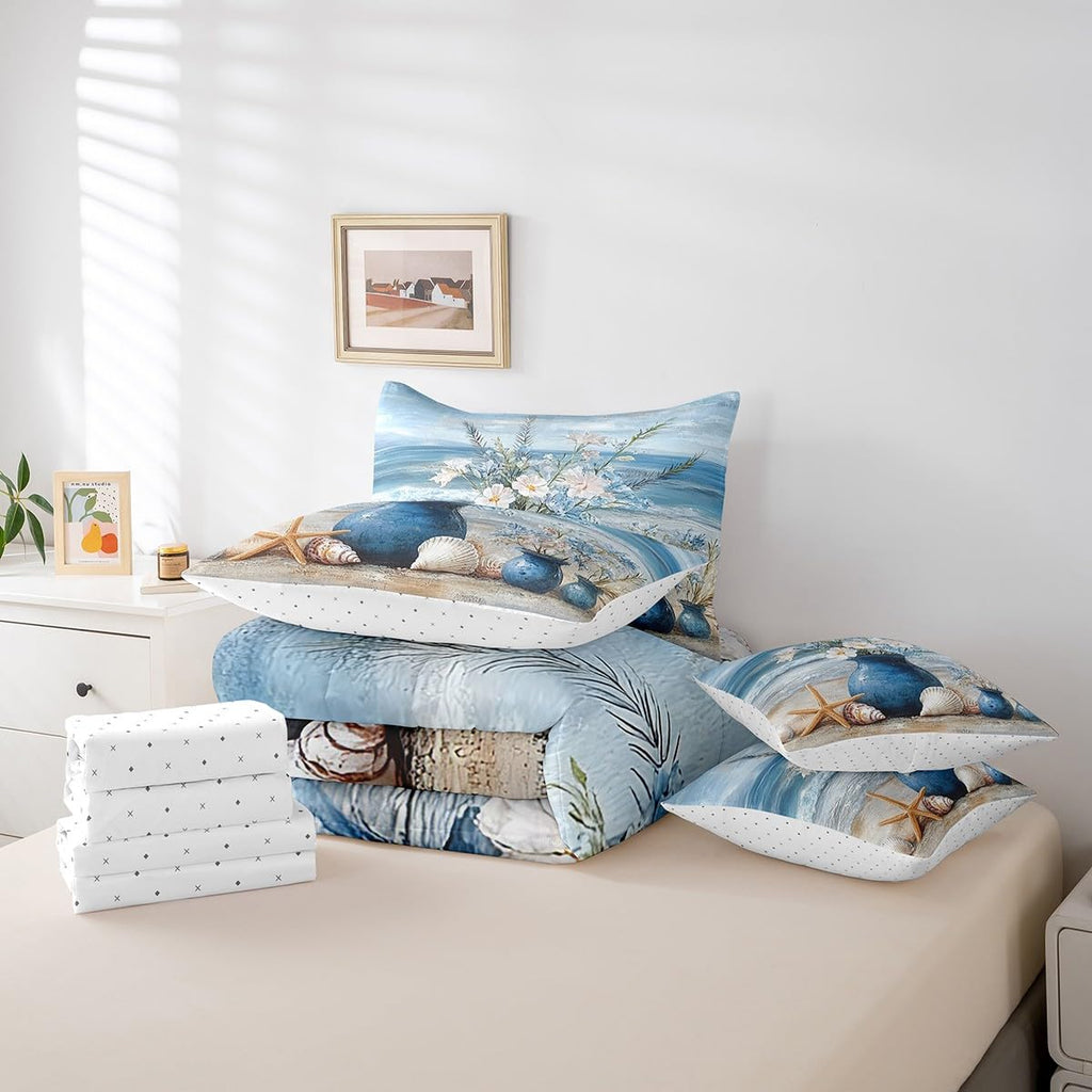 7 Piece Coastal Beach Floral Bedding Set, Ocean Waves Starfish Sea Shell Bed in a Bag with Sheets, Aesthetic