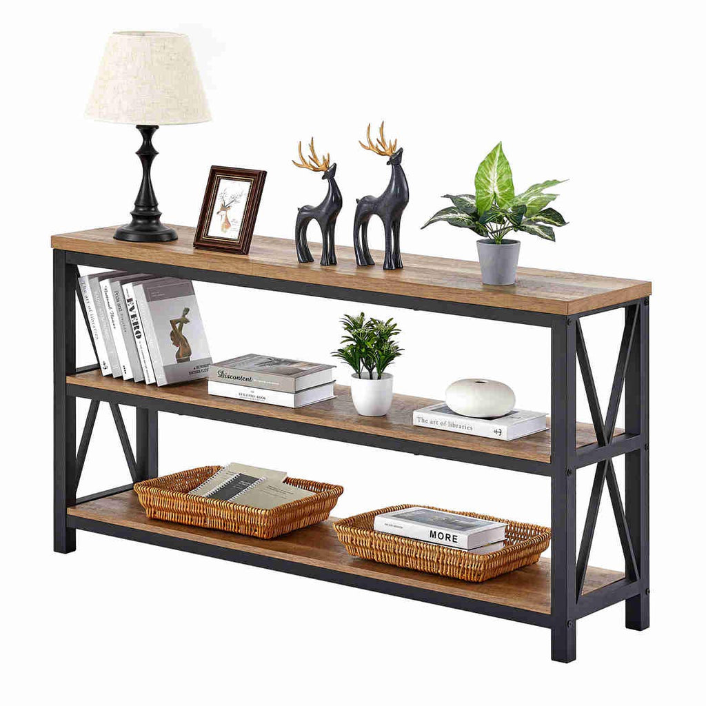 55" Console Table, 3 Tier Farmhouse Narrow Sofa Table, Rustic Oak