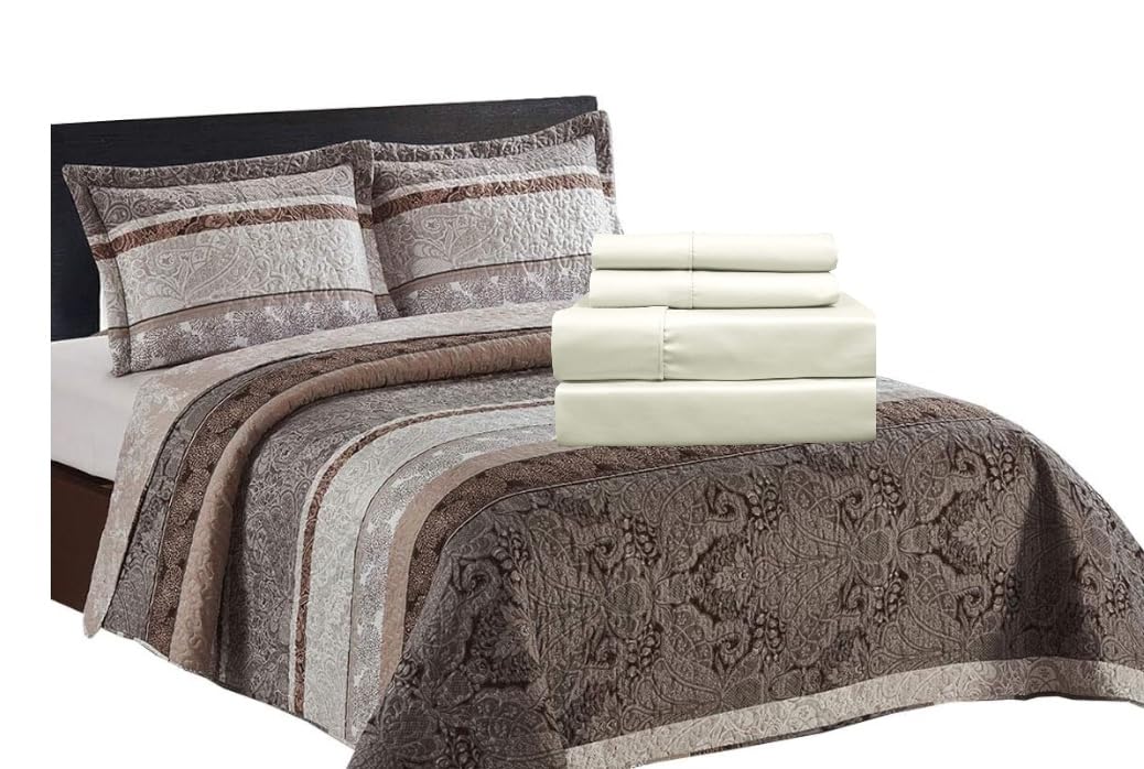 7PC Bedding Set- Callisto Taupe Lightweight Quilt with Solid Ivory Microfiber Bed Sheets