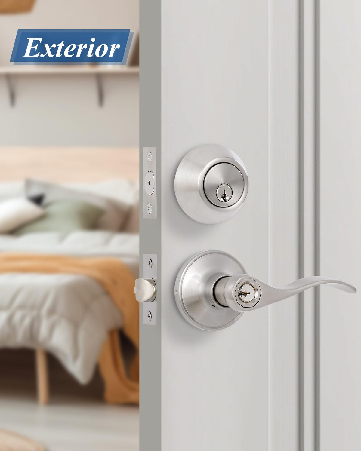 (1 Pack) Keyed Alike Front Door Lever Lockset with Single Cylinder Deadbolt Combination Set, Wave Style Lever, Front
