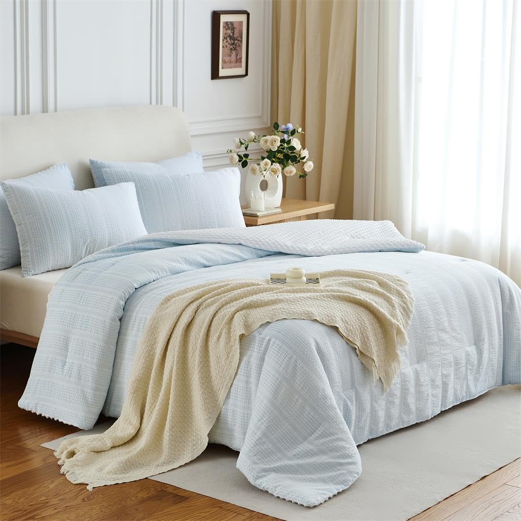 Boho Comforter Set 2 Pieces Sky Blue Stripe Bedding Set