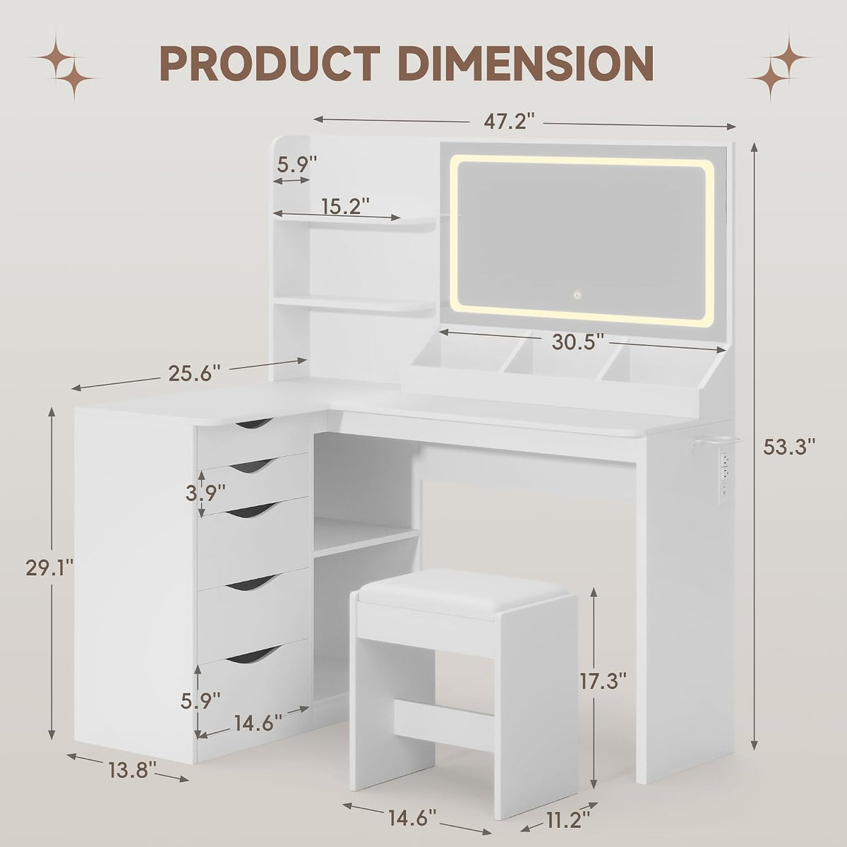 Vanity Desk with Mirror, L Shape Vanity, LED Lighted Mirror, with Fast Charging Power Outlet and 3 Storage Shelves