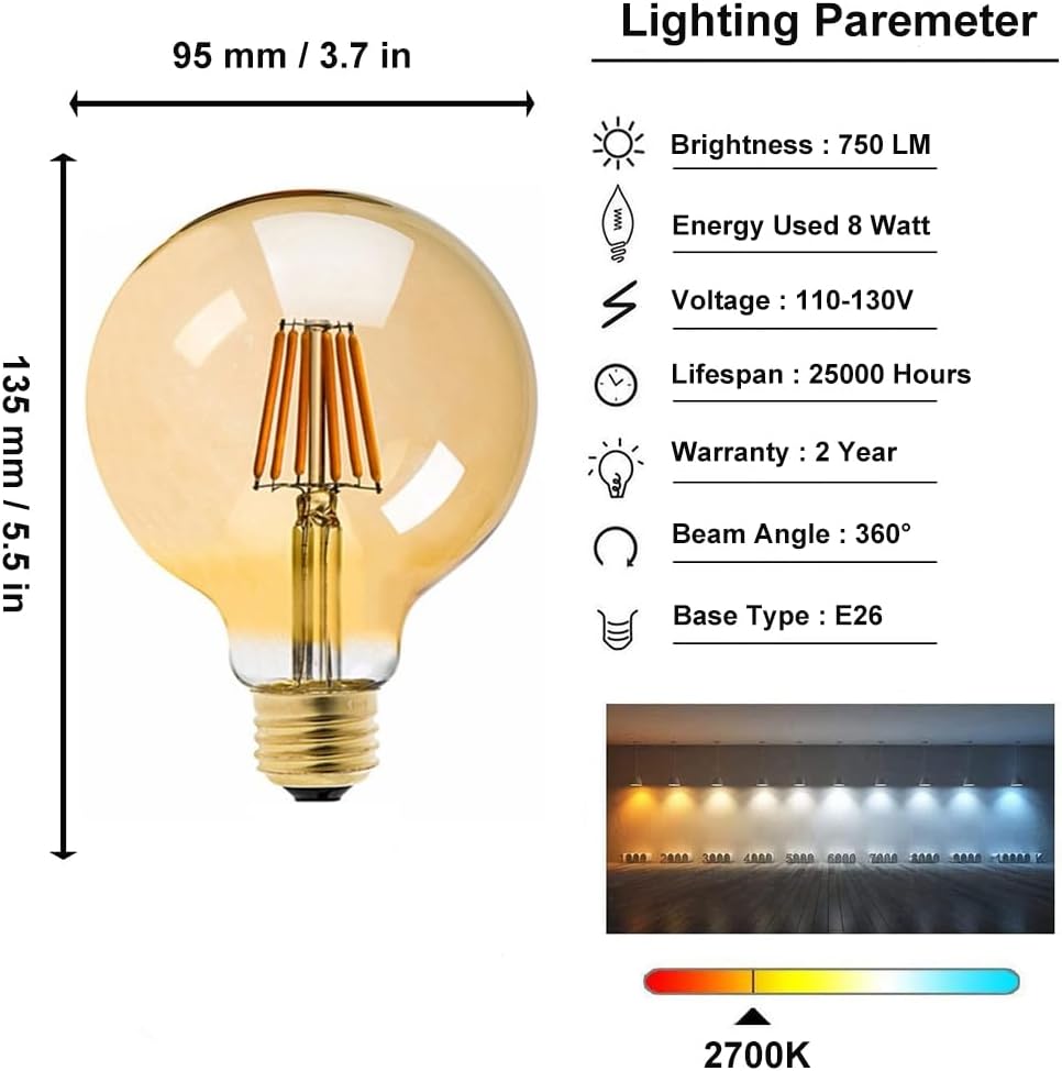 LED Vintage Globe Edison Bulb, Dimmable, G30 G95 8W (80W Equivalent), LED Filament Bulb, 750 Lumen, 2700K (Warm