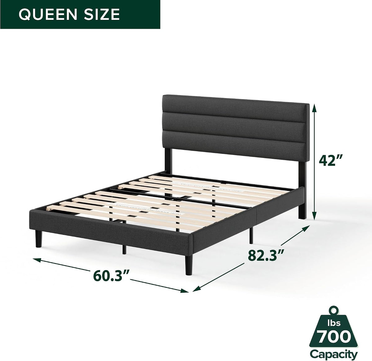 Queen Piper Upholstered Platform Bed with Horizontal Paneled Headboard, Wooden Slat Support, No Box Spring Needed