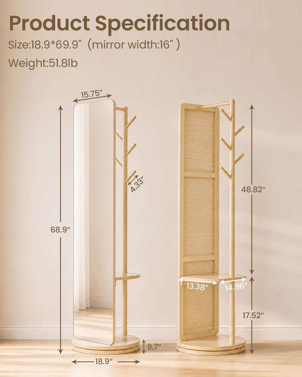 69" x 19" Rotating Full Length Mirror with Coat Rack Storage