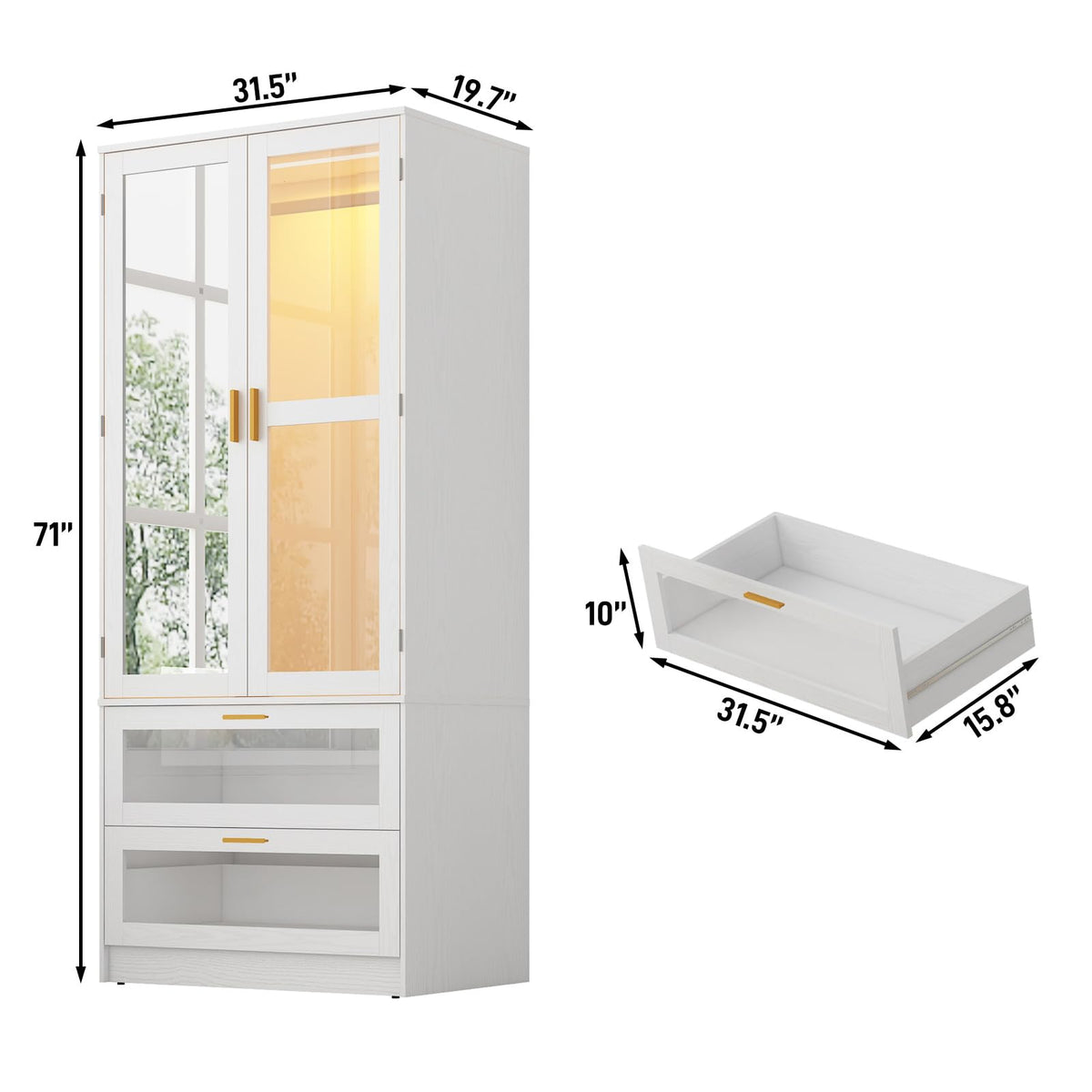 2 Doors Armoire Wardrobe Closet with LED and Mirror, 71" H Freestanding Wooden Wardrobe Closet Cabinet w 2
