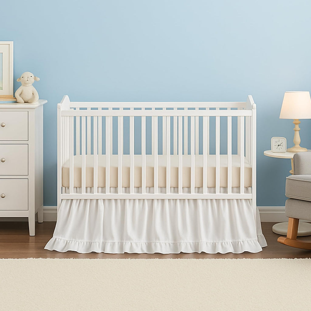 White Crib Skirt for Baby Girls Boys, 100% Washed Cotton Bed Skirt