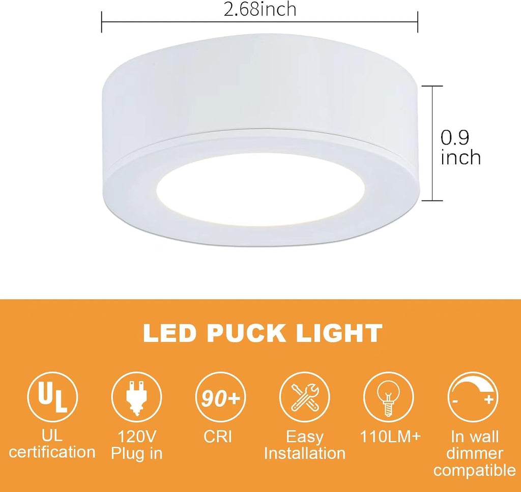 Wired LED Puck Lights (2.7Wx3) Plug-in Lighting Natural White (4000K), LED Cabinet Light Can Be Surface Mount or