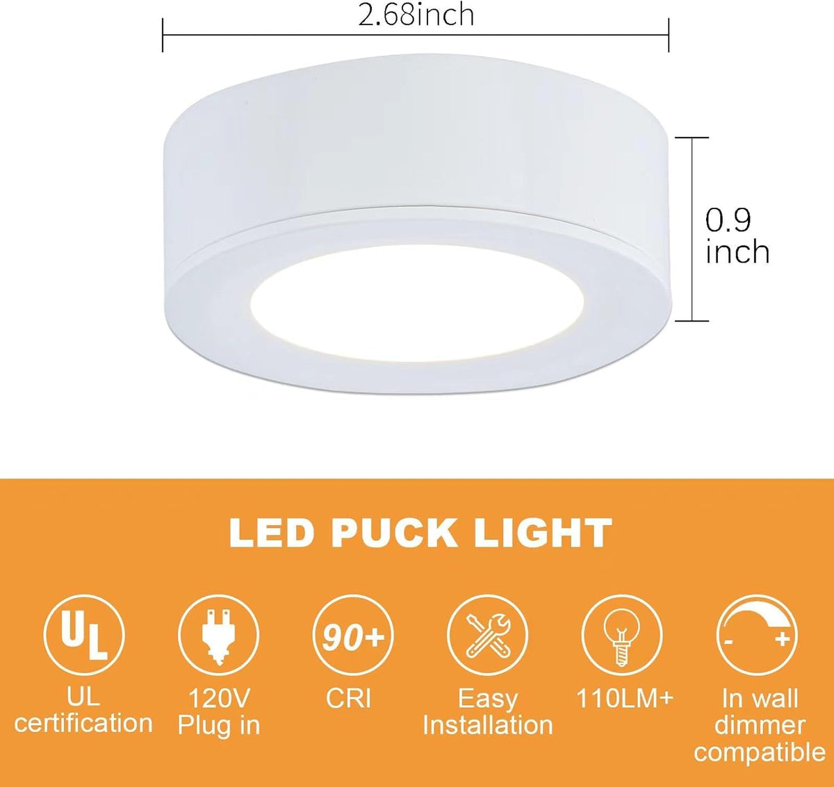 Wired LED Puck Lights (2.7Wx3) Plug-in Lighting Natural White (4000K), LED Cabinet Light Can Be Surface Mount or