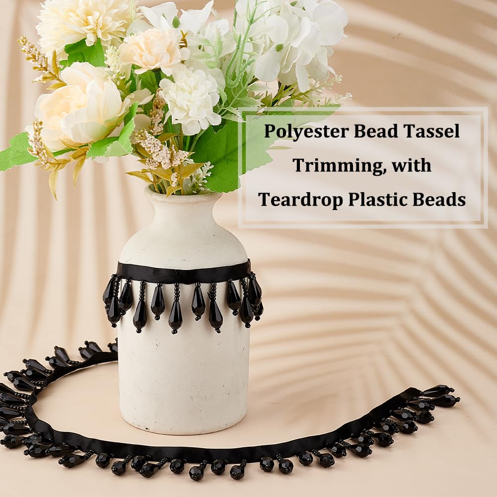 Black Beaded Fringe Trim Decorative Beaded Trim Teardrop Fringe Trims Polyester Bead Tassel Trims for Wedding - 3 Yards
