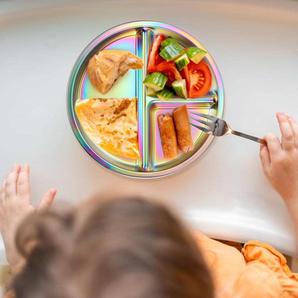 Stainless Steel Kids Plates, 4 Pack Round Divided Toddler Plates, Portion Control Plate 9 Inch
