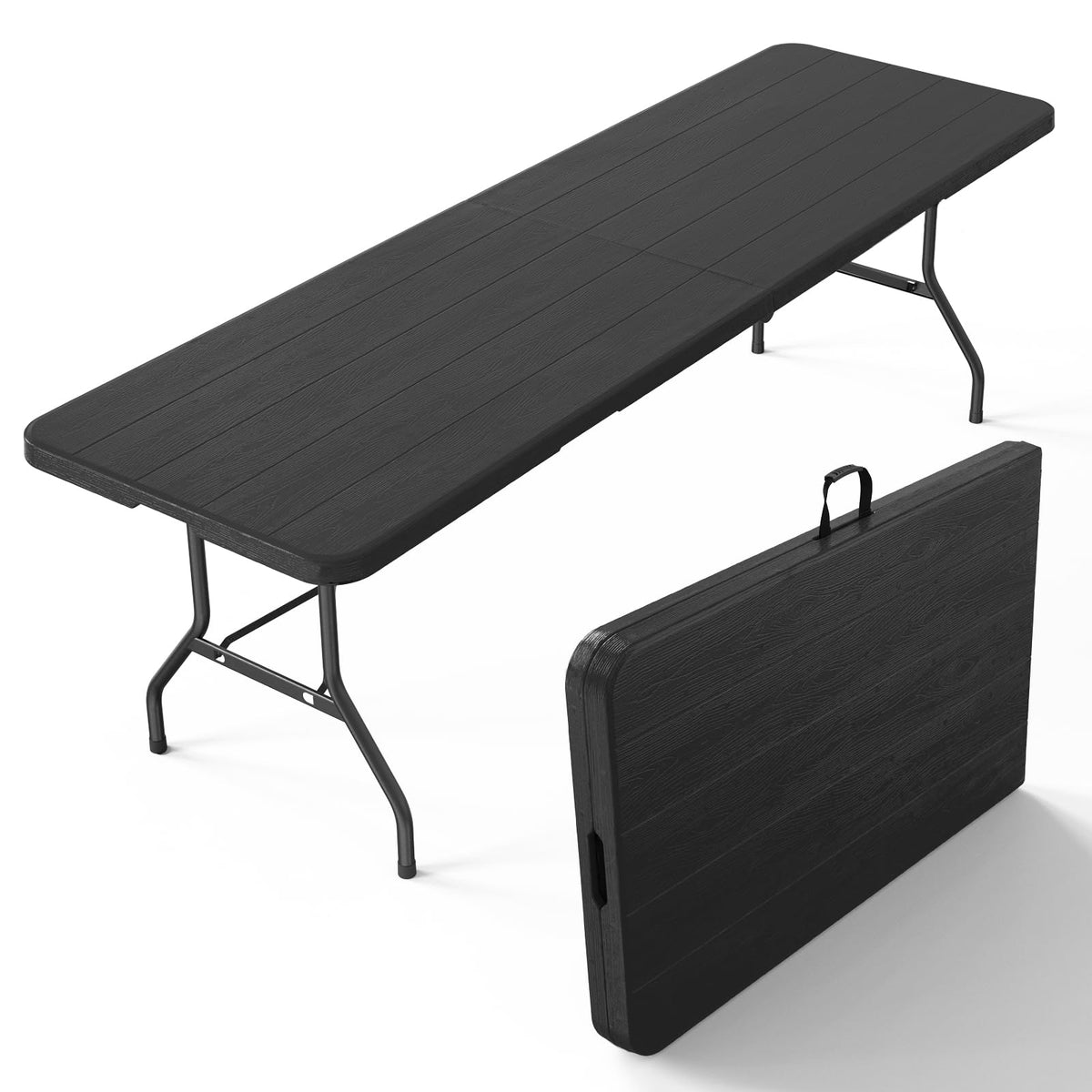8 Foot Plastic Folding Table Portable Long Table for Indoor Outdoor Use Rectangular with Carrying Handle, Black