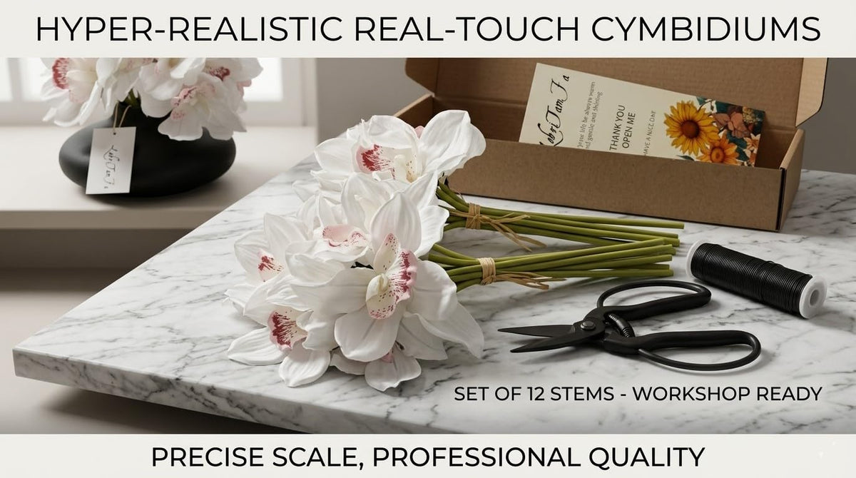 12 PCS High Quaulity Latex Real Touch Cymbidium Orchid Artificial Flower Bouquet for Wedding Holiday Bridal Bouquet
