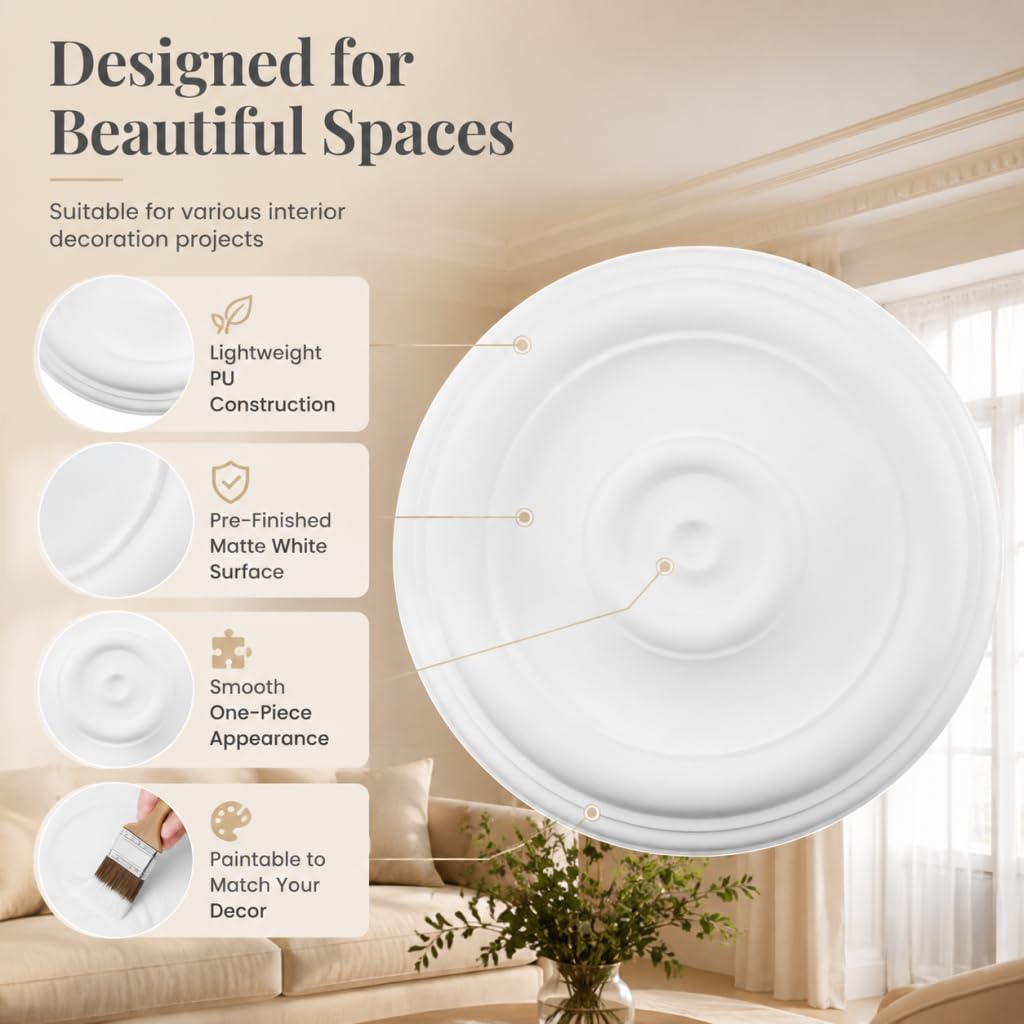 White Decorative Round Ceiling Medallion 1PCS, 12" OD
