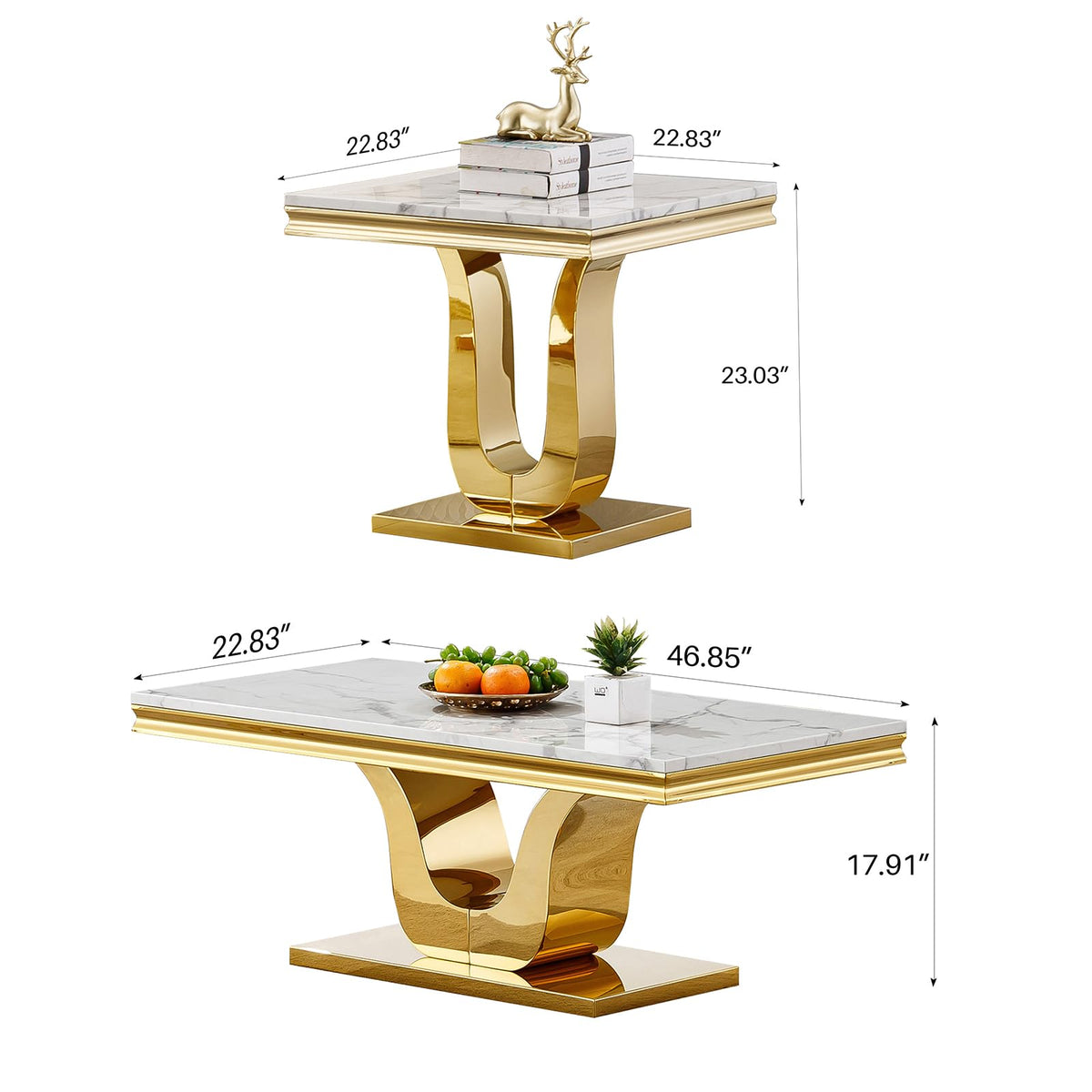 Set of 3 Faux Marble Coffee End Table Gold U Stainless Steel Base