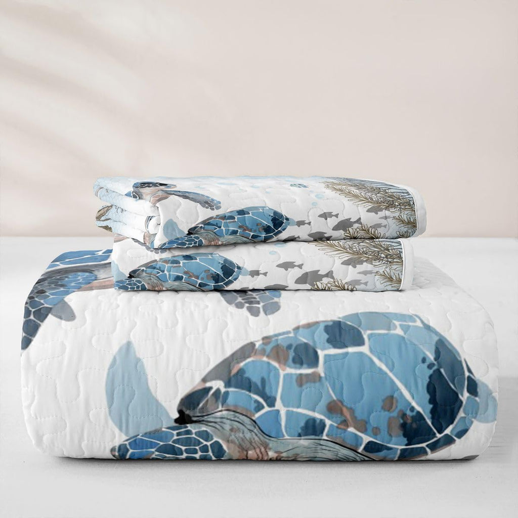 Sea Turtle Quilt Set Teal Blue Sea Coastal Lightweight Quilt Bedding Set for Summer Underwater World