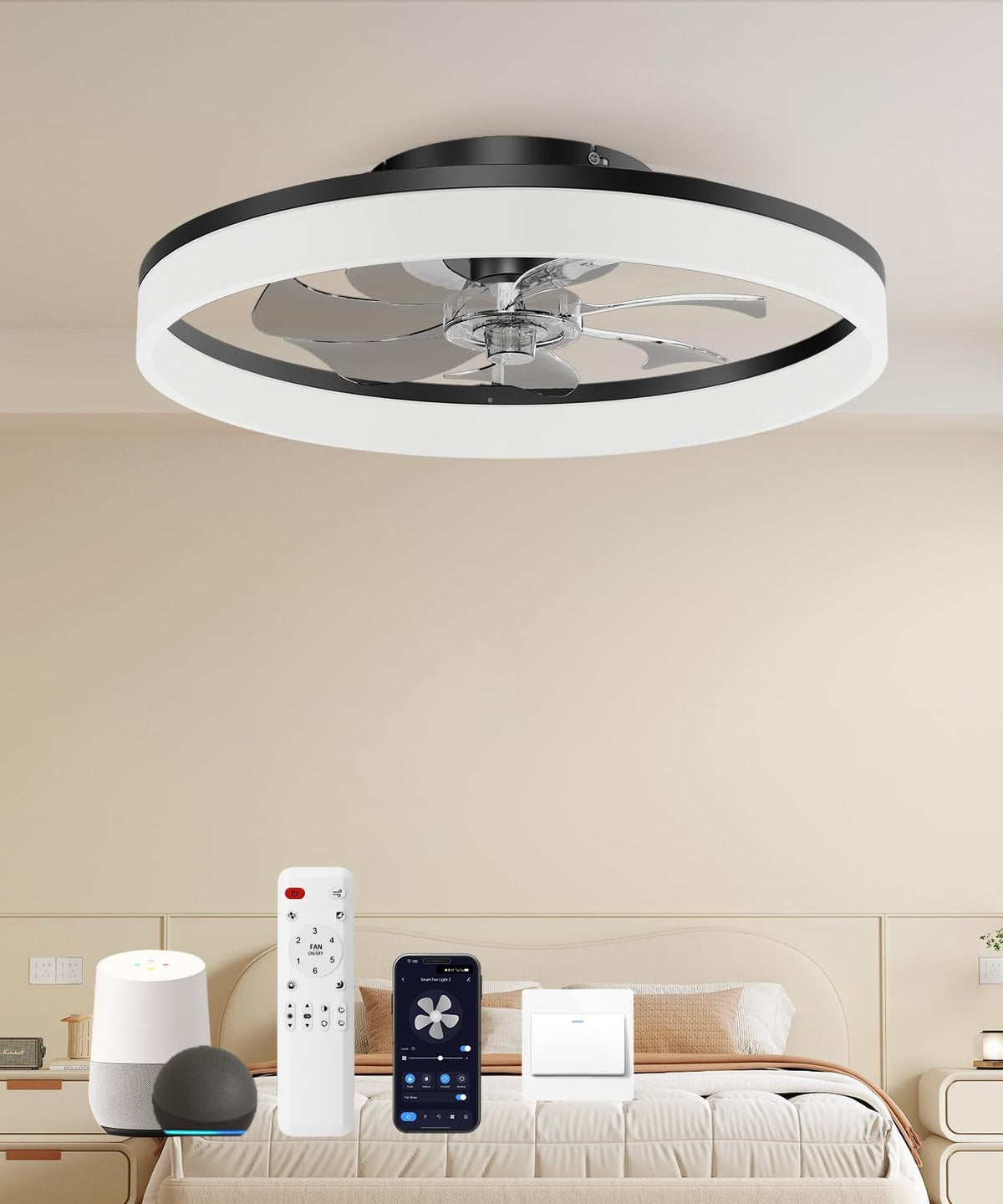 20" Black Smart Flush Mount Ceiling Fan with Light & Remote