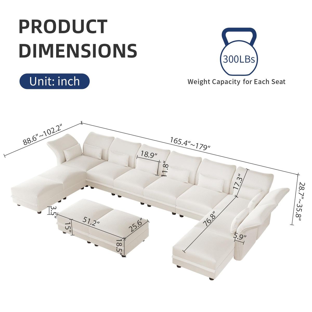 12 Seater Modular Sectional Sofa, Beige Corduroy